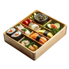 Colorful and Tasty Japanese Cuisine with Variety of Sushi Rolls, Sashimi, and Ingredients Served in a Wooden Bento Box
