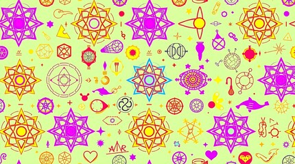 Mystical Geometric Pattern: An intricate pattern of colorful geometric shapes and symbols on a light green background, evoking a sense of mystery and enchantment.