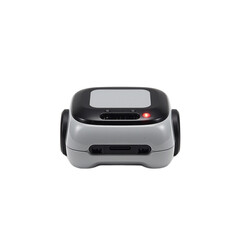 Futuristic miniature robot with sleek rounded edges and glowing lights on a white backdrop showcasing its modern and compact features