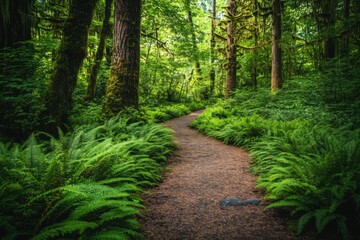 Obraz premium Ferns and moss on a forest trail, a natural background. Green fern plants growing on the ground of an old mountain path