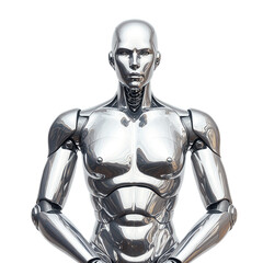 Futuristic humanoid robot with angular chrome body exuding modernity and sophistication on white background