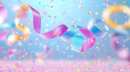Celebration Ribbons and confetti falling on the ground with gradient blue background