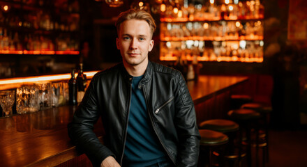 Fototapeta premium Young caucasian male in stylish leather jacket relaxing at cozy bar with ambient lighting
