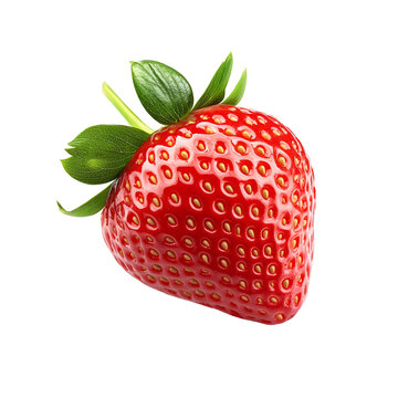 Single Ripe Red Strawberry, Isolated, Fresh Fruit, Green Leaves, Black Background, Achene Seeds, Jui