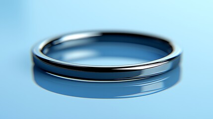 Shiny wedding band on blue reflective surface, simple studio background