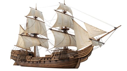 Vintage Wooden Sailing Ship with Sails Isolated on white Background