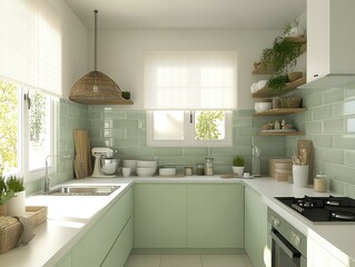 Fototapeta premium A bright and modern kitchen interior with light green elements