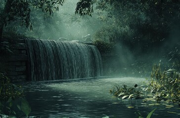 Serene Waterfall Cascade Surrounded by Lush Greenery and Misty Atmosphere in a Peaceful Forest Setting