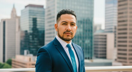 Fototapeta premium Confident hispanic young male professional in blue suit with city skyline background