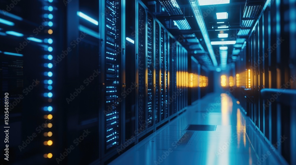 Poster futuristic data center with glowing blue and orange server lights, representing cloud computing, cyb