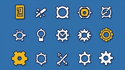 Fototapeta premium Pixel Art Gear Icons White and Gold Mechanical Symbols on Blue