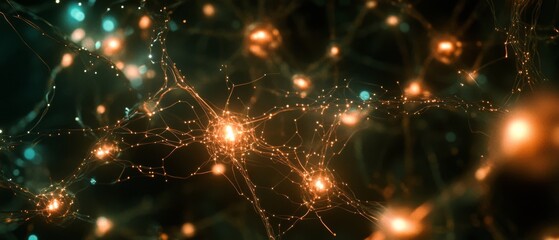 Fototapeta premium An interconnected network of glowing nodes within a dark matrix, symbolizing the complexity and brilliance of modern technology and neural connections.