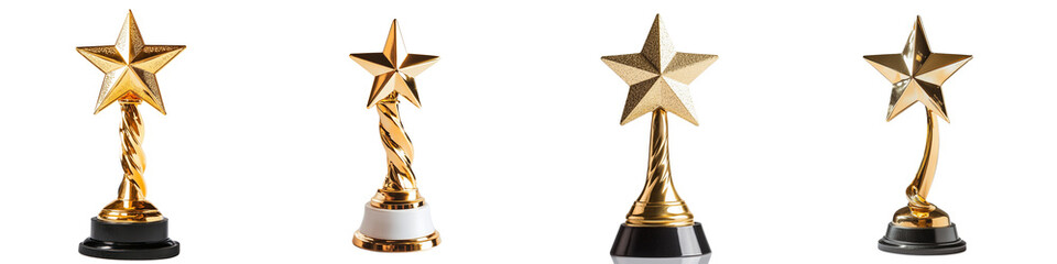 Set of a golden star trophy on top of a pedestal, isolated on a transparent background.