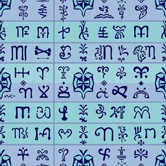 Mysterious Symbols Pattern: An intricate pattern of enigmatic symbols in a seamless grid, evoking a sense of ancient knowledge, secrets, and untold stories