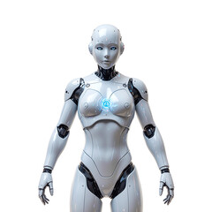 Fototapeta premium Futuristic humanoid robot with holographic interface and sleek design isolated on white background Ideal for tech concepts