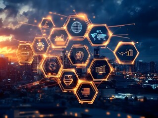 Futuristic City Skyline with Innovative Digital Technology Overlay