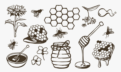 Honey and bee themed hand-drawn vector illustrations set. Collection of honeycomb, bees, flowers, honey jar, honey dipper, and dripping honey elements. Black and white sketch for design and print.