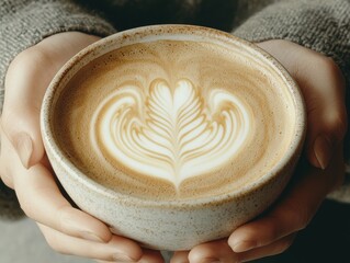 Warm hands cradle creamy latte art in a ceramic mug. Cozy, aesthetic, and inviting for a coffee break.