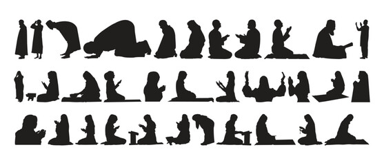 Muslim man and woman praying silhouettes vector illustration.