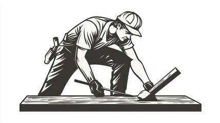 Carpenter working on wood plank, construction site