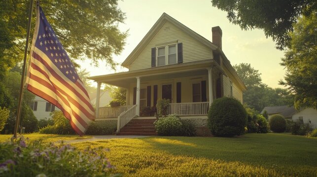 House with porch in summer. American flag waving in the breeze. Bright sunlight and green grass. Residential area with traditional architecture.