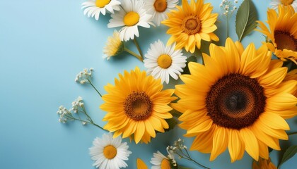Obraz premium sunflowers and daisies creating a cheerful floral pattern on light blue background