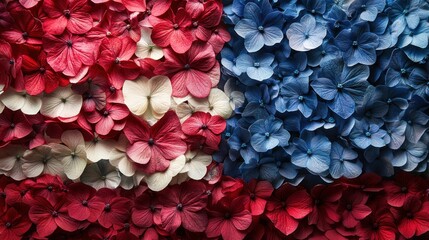 Obraz premium Hydrangea flower pattern. Red white and blue floral design. Many blossoms arranged closely. Colorful flowers background. Petals create texture. Plant life close up.