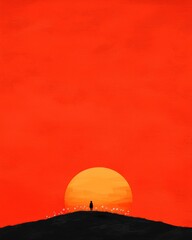 Obraz premium Solitary Figure Standing on Hilltop as Giant Sun Sets Over Horizon, Warm Colors
