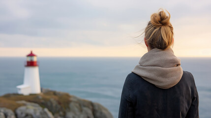 Blonde woman wearing silk scarf, gazing serenely at lighthouse during golden sunset, capturing coastal tranquility and maritime beauty