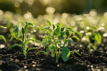 
In the morning sunlight, green seedlings sprout from rich soil in an organic garden