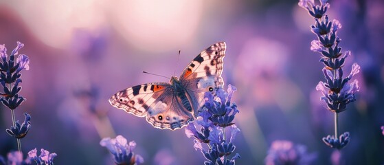 A butterfly rests atop lavender blossoms in a dreamy, sunlit meadow, embodying the grace of nature&rsquo;s fleeting moments.