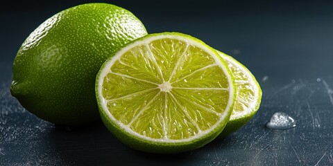 Fresh Limes, Whole and Sliced, Showing Juicy Detail on Dark Surface, Tropical Fruit