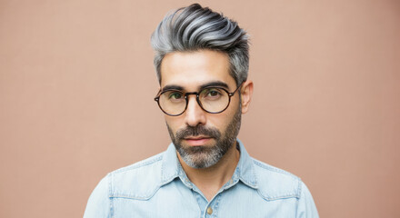 Obraz premium Stylish caucasian male adult with gray hair and glasses against peach background