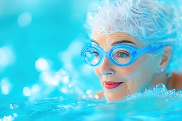 Naklejka premium Elderly woman enjoying a joyful swim in the pool, showcasing her love for water and life