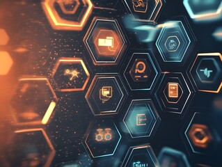Abstract Futuristic Hexagon Patterns with Blue and Orange Lights in Digital Tech Background