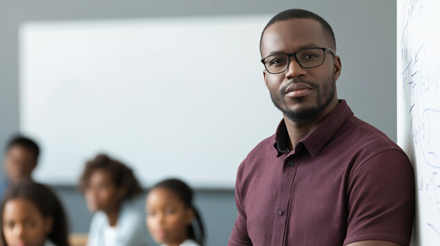 Black teacher demonstrating mathematical equations while standing near whiteboard, engaging diverse student group in classroom learning environment - Powered by Adobe