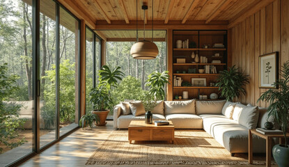 Modern Rustic Living Room: Cozy Nature-Inspired Interior with Wooden Accents, Plants, and Natural Light