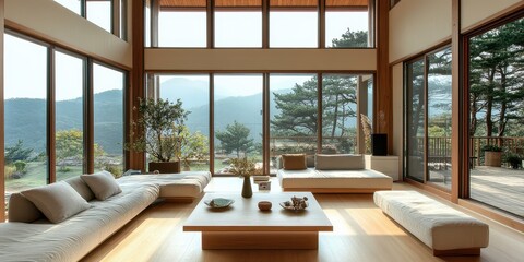 Fototapeta premium A modern living room with expansive mountain and tree views