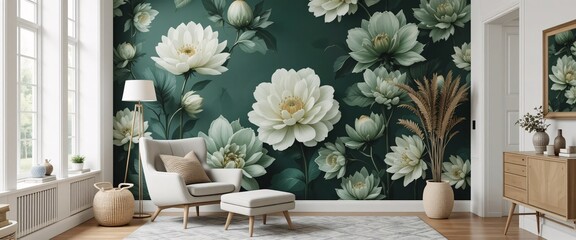 Elegant Living Room with Floral Wallpaper and Contemporary Decor Accents