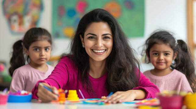 Indian preschool teacher enjoying painting activity with two little girls, promoting creativity and early childhood education in a colorful classroom setting - Powered by Adobe