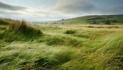 A serene landscape of lush green grassy fields with rolling hills under a cloudy sky, gently swaying in the wind.