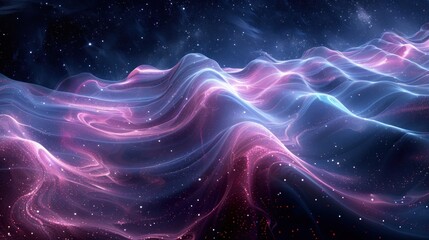 Fototapeta premium Shimmering colors flow along curved waves, creating a magical and surreal atmosphere in a cosmic environment