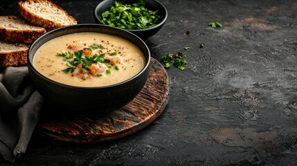 Creamy Soup Bowl with Bread and Herbs on Wooden Board, Culinary Delight, Gourmet Meal