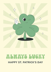 Cute shamrock character in retro 60s, 70s style. St. Patrick's Day greeting card, groovy poster.