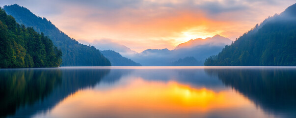 Stunning sunrise illuminating a tranquil mountain lake, creating a beautiful reflection of the colorful sky and surrounding nature