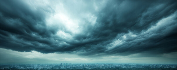 Storm clouds looming above urban skyline, casting dramatic shadows and generating intense, brooding atmospheric tension