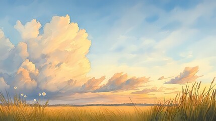 Obraz premium Golden Field and Dramatic Clouds at Sunset, Serene Sky Landscape Scene, Summer Day
