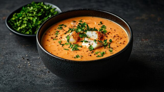 Creamy Seafood Soup Garnished with Fresh Parsley, Gourmet Dinner, Culinary Delight