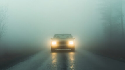 Headlights cutting through the thick fog on a dark road at night, creating an eerie and suspenseful atmosphere filled with mystery