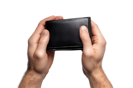 Empty black wallet in male hands, cut out, on white or transparent background